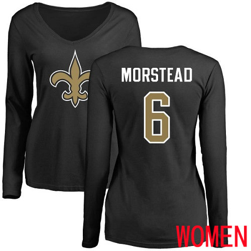 New Orleans Saints Black Women Thomas Morstead Name and Number Logo Slim Fit NFL Football #6 Long Sleeve T Shirt